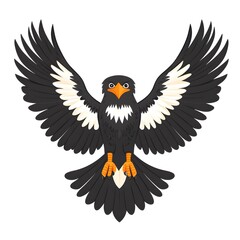 Cartoon depiction of a black bird with spread wings and an orange beak approaching