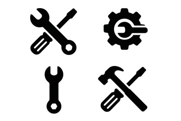 Black and white repair and maintenance tool symbols including wrench, screwdriver, hammer, and settings gear