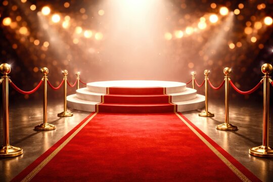 A red carpet leading to a stage with a podium