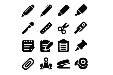 Collection of solid black glyphs representing various and school stationery items