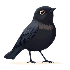 Depiction of a small, dark-plumaged passerine bird standing on a light surface