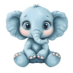 Adorable blue baby elephant character sitting with large expressive eyes