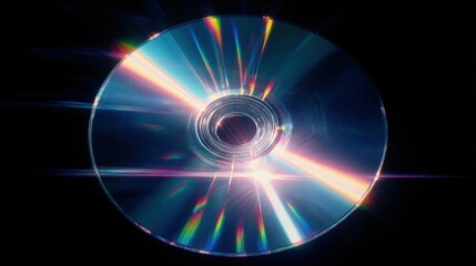 Shimmering Compact Disc With Rainbow Light Reflections Against Dark Background For Music And Tech
