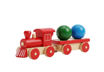 Macro view of a vintage wooden toy train, red locomotive and deep green/azure blue blocks, isolated on a bright white background with ample copy space, concept of early childhood development and