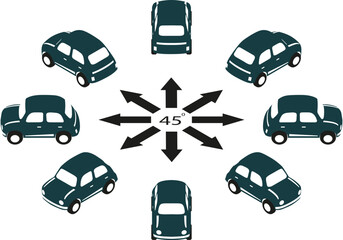 A set of 24 logo cars in isometric view. Rotation of the retro car in logo style by 15 degrees for animation.  
