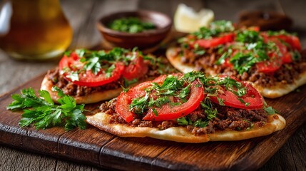 A wooden cutting board features multiple flatbreads topped with minced meat, fresh tomato slices, and vibrant parsley, creating a flavorful and visually appealing dish.