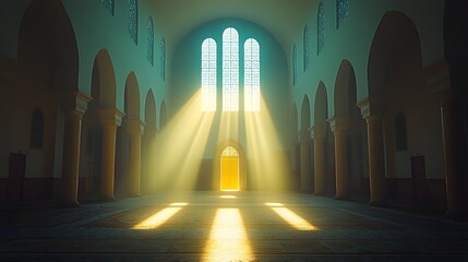 Intense beams of sunlight stream through tall arched windows illuminating the interior of a large, solemn hall.