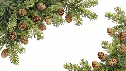 Evergreen branches with pine cones on a white background  
