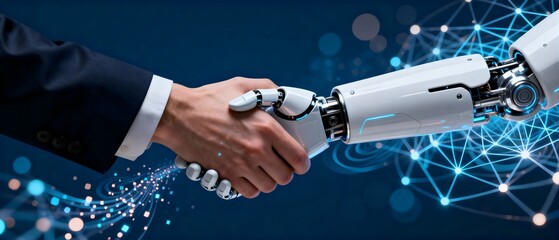 Human hand in business suit shaking hands with robotic hand in futuristic digital network