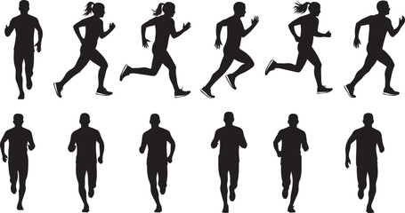 Silhouettes of men and women running in various poses, exercise vector art illustration design template isolated on a white background.