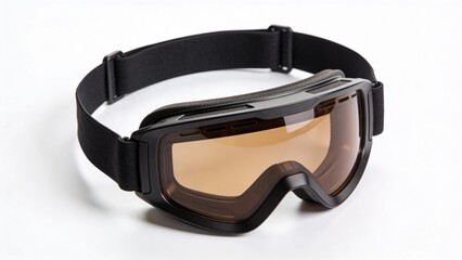 Ski goggles with black frame and adjustable strap on white background  