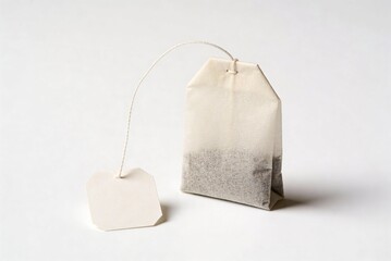 Tea bag with string and tag on white background  
