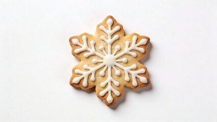 Snowflake-shaped cookie decorated with icing on white background  