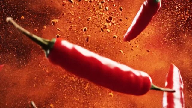 Red chili peppers spice explosion dynamic food photography
