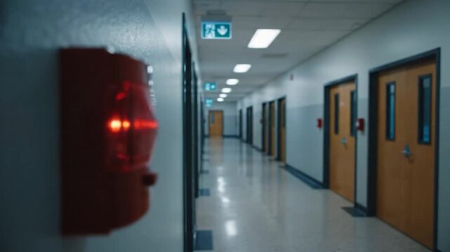 Red fire alarm flashing light in long hallway emergency alert system