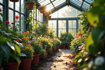 A Vibrant Oasis: Greenhouse filled with a variety of potted plants and flowers, basking in the warm sunlight filtering through the glass roof.