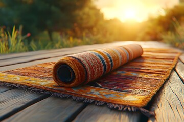 Colorful woven floor covering partially rolled up on weathered wooden planks at sunset