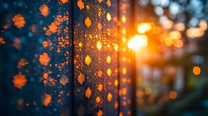 Illuminated metalwork casts warm patterned light against a dark, moody background.