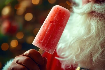 A man holding a red popsicle with a santa hat on