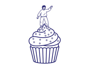 Tiny man standing on top of giant cupcake dessert illustration