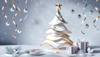 Karta świąteczna z symbolem świąt w postaci choinki bożonarodzeniowej, gwiazdy betlejemskiej, bombek i prezentów świątecznych.