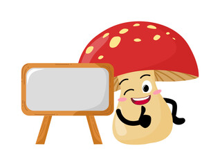 Cute Hand Drawn Mushroom Leaning To A sign Board