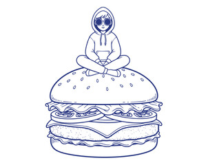 Person meditating on top of giant burger illustration