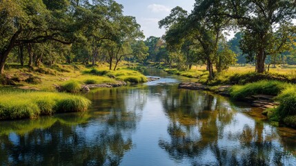 Tranquil river flows through a lush, green forest under a clear blue sky
