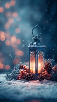 Weihnachtslaterne im Schnee bei kalter Winternacht