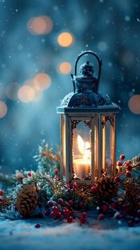 Weihnachtslaterne im Schnee bei kalter Winternacht
