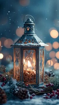 Weihnachtslaterne im Schnee bei kalter Winternacht