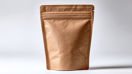 Obraz premium An up-close studio shot reveals a brown paper pouch, sealed and ready for product inside. Its clean design and neutral tone are perfect for showcasing eco-friendly, sustainable packaging.