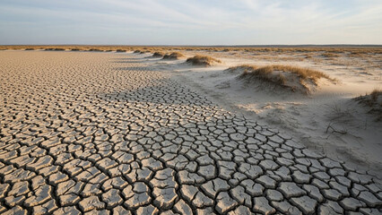 Cracked dry land transitioning into stabilized soil under calm air.