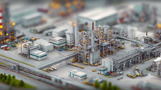 Industrial site with tiltshift effect highlighting detailed machinery and layered factory structures mimicking a tiny model setup.