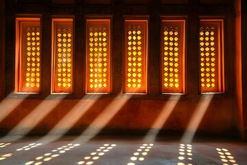 Sunlight streams through ornate patterned openings creating dramatic light patterns indoors