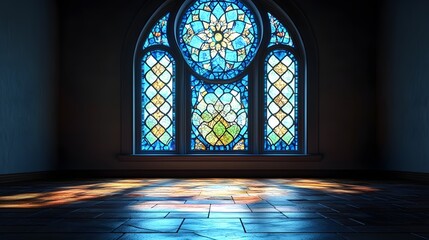 Vibrant blue stained glass illuminates the dark interior space with patterned light across the floor