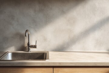Modern kitchen sink area features metallic faucet against textured wall illuminated by strong daylight shadow