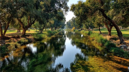 Tranquil river flows through a lush, tree-lined landscape on a sunny day