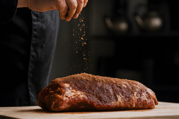 Chef seasoning ribs with spices demonstrating professional cooking techniques culinary expertise and flavorful meat preparation process
