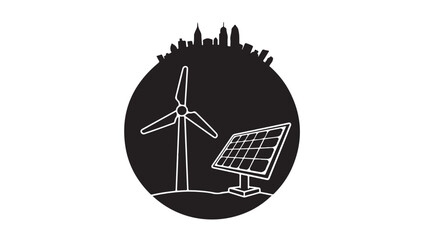 Renewable Energy Wind Turbine and Solar Panel City Vector Icon