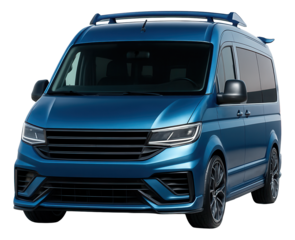 Sporty minibus featuring a bold front bumper and rear spoiler.