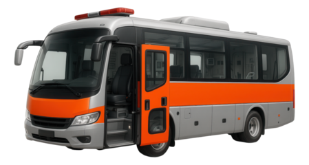 Medical bus featuring an orange and grey design with a large side door for easy entry.