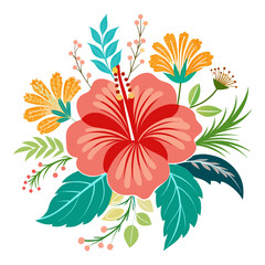 Colorful Tropical Flower Bouquet with Hibiscus and Leaves Vector Illustration