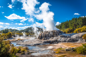 Geyser eruption in geothermal area of Rotorua, New Zealand. 