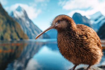 Iconic New Zealand kiwi bird against the background of Milford Sound, Fiordland National Park, South island. New Zealand postcard. 