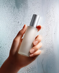 Female's hand holding bottle of cosmetic lotion. 