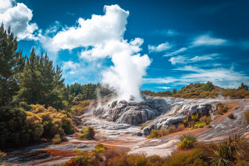 Geyser eruption in geothermal area of Rotorua, New Zealand. 