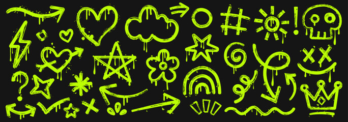 Neon Green Graffiti Spray Paint Vector Elements on Black Background, Urban Street Art Icons Set including Arrows, Skulls, Hearts, Stars and Crowns with Lime Green Drips and Splatters