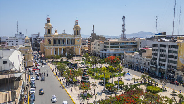 Chiclayo&rsquo;s Main Square featuring the iconic Cathedral, central fountain, green gardens, and a lively urban atmosphere that reflects the cultural and social heart of the city in northern Peru