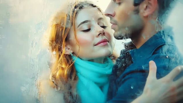 Romantic couple embracing in a tender moment during a rainy day, showcasing love and warmth despite the weather conditions